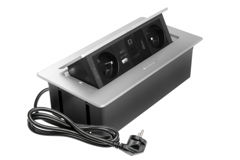 MULTISOFT møbelstik 2x stik med jordforbindelse, USB A+C, RJ45, HDMI, strømkabel med stik, aluminium