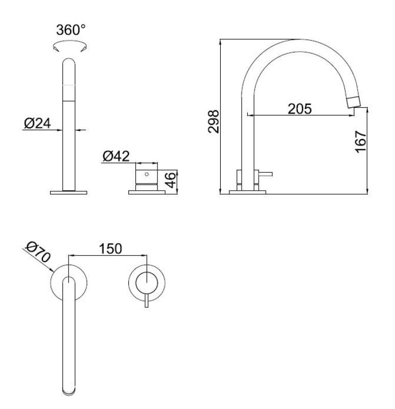 Pure.Sink Luxion 2-huls massiv rustfri stål køkkenarmatur med rund udløb PLX2HR-02