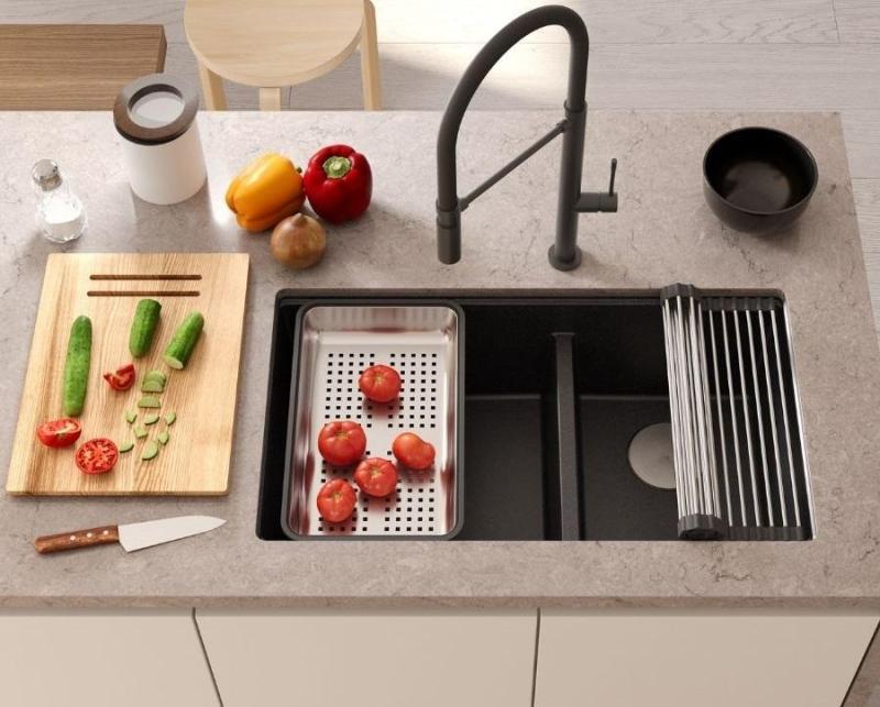 Quadri Newport II Dobbelt Beige Granit Overbygning Vask 76x45 cm med rustfrit stål prop 1208971754