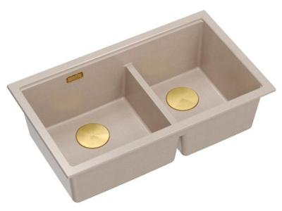 Quadri Newport II Dobbelt Beige Granit Undermonteret Vask 702 x 390 mm med Guld prop 1208971756