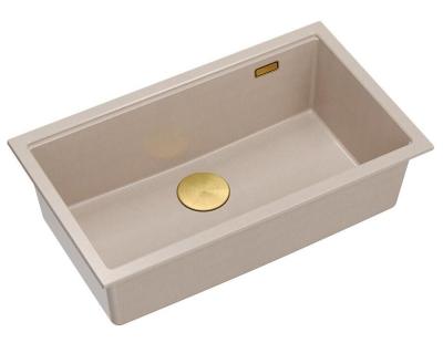 Quadri Newport II stor og dyb vask i granit til overflade- og undermontering i beige vask 76x45cm med guldprop 1208971759