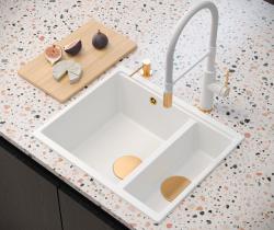 Quadri Newport II beige 1,5 vaske granit overbygning og underbygning vask 555x460mm med kobber prop 1208971767