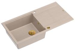 Quadri Luton beige granit overflade vask med dræningsområde reversibel 100x50cm med guld prop 1208971771