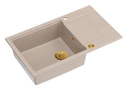 Quadri Luton beige granit stor overfladevask med drænbræt reversibel 86x50cm med guldpropp 1208971774