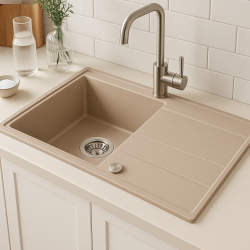 Quadri Luton beige granit overflade vask med dræningsområde omvendelig 86x50cm med rustfrit stål prop 1208971779