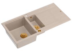 Quadri Luton beige granit overflade 1,5 vask med drænflade vendbar 100x50cm med kobber prop 1208971792