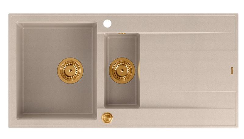 Quadri Luton pearl beige granit overflade 1,5 vask med drænplade omvendelig 100x50cm med kobberprop 1208971792