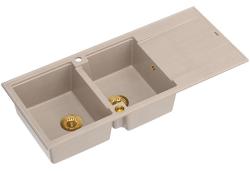 Quadri Luton opbygning dobbelt granitvask pearl beige med dræningsområde 116x50 cm med gylden prop 1208971809
