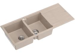 Quadri Luton opsætning dobbelt granitvask pearl beige med dræningsområde 116x50 cm med rustfrit stål propp 1208971812