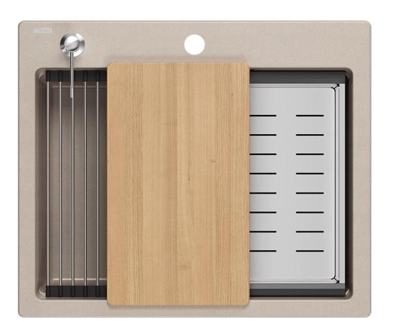 Quadri Durham Pearl Beige granit overflade vask 595x500 med sæbedispenser, skærebræt, indsatsvask og rullemåtte 1208971814