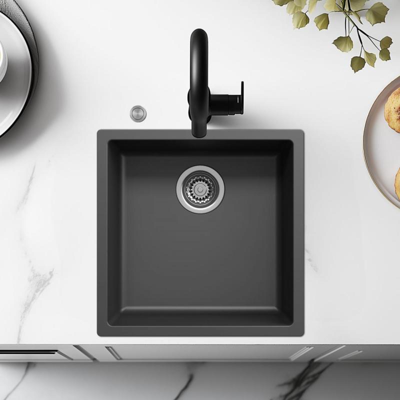Ausmann Fibre sort vask 40x40cm til undermontering, overmontering og planmontering med automatisk rustfri stålprop 1208971836