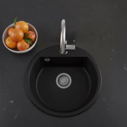 GraniteMy Bremen rund granitvask 43 cm sort, overflade og underbygning, med kranhulsbænk og gun metal prop 1208971842