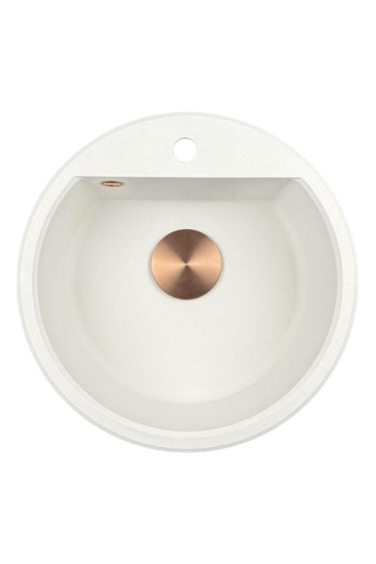 GraniteMy Bremen runde granitvask 43 cm hvid, overbygning og underbygning, med hanehul og automatisk kobberprop 1208971847