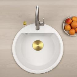 GraniteMy Bremen runde granitvask 43 cm hvid, overbygning og underbygning, med hanehul og automatisk gylden prop 1208971848