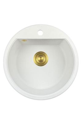 GraniteMy Bremen runde granitvask 43 cm hvid, overbygning og underbygning, med hanehul og automatisk gylden prop 1208971848