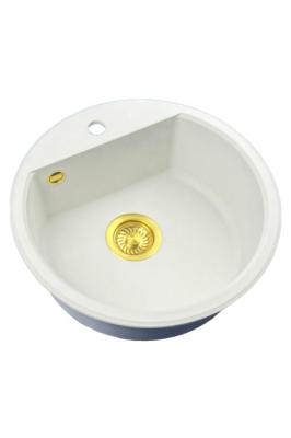 GraniteMy Bremen runde granitvask 43 cm hvid, overbygning og underbygning, med hanehul og automatisk gylden prop 1208971848