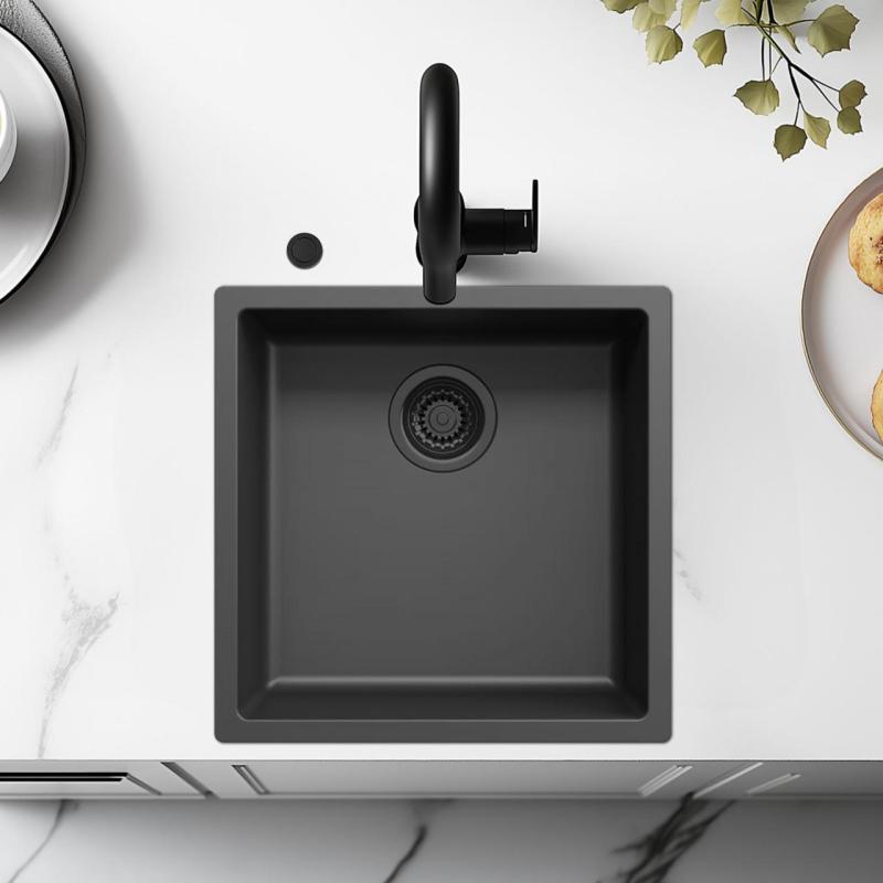 Ausmann Fibre sort vask 40x40cm underbygning, overbygning og planbygning med automatisk sort prop 1208971851