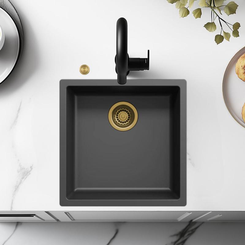 Ausmann Fibre sort vask 40x40cm til undermontering, overbygning og planmontering med automatisk gul prop 1208971853