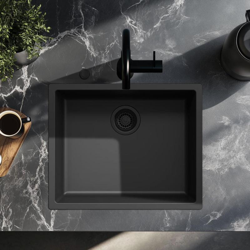 Ausmann Fiber sort vask 50x40cm til undermontering, overmontering og fladmontering med automatisk sort prop 1208971856