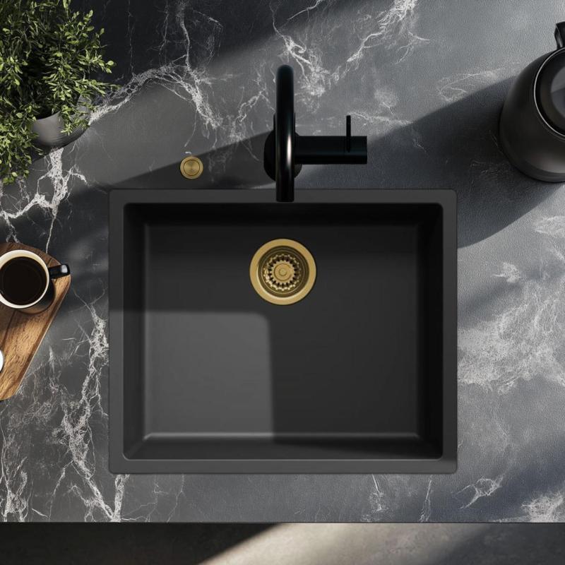 Ausmann Fiber sort vask 50x40cm undermontering, overmontering og planmontering med automatisk gylden prop 1208971859