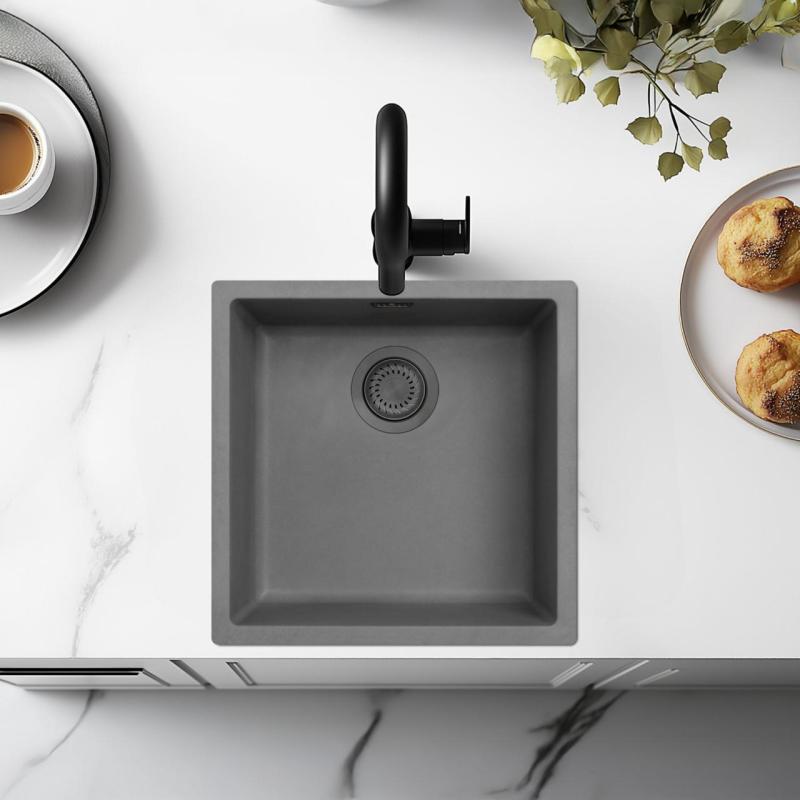 Ausmann Fiberbeton grå vask 40x40cm undermontering, overbygning og plan indbygning med gun metal prop 1208971882
