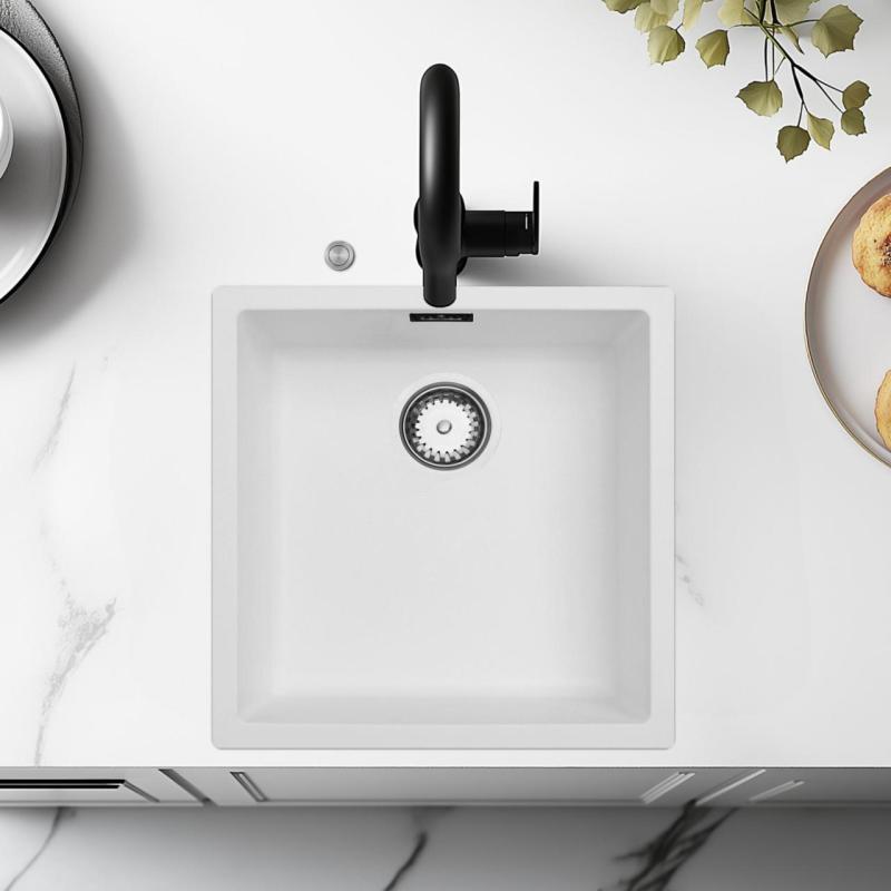 Ausmann Fiber hvid vask 40x40cm undermontering, overmontering og planmontering med automatisk rustfrit stål prop 1208971891