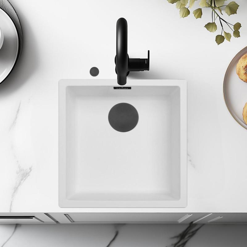 Ausmann Fibre hvid vask 40x40cm undermontering, overmontering og fladmontering med automatisk sort prop 1208971892