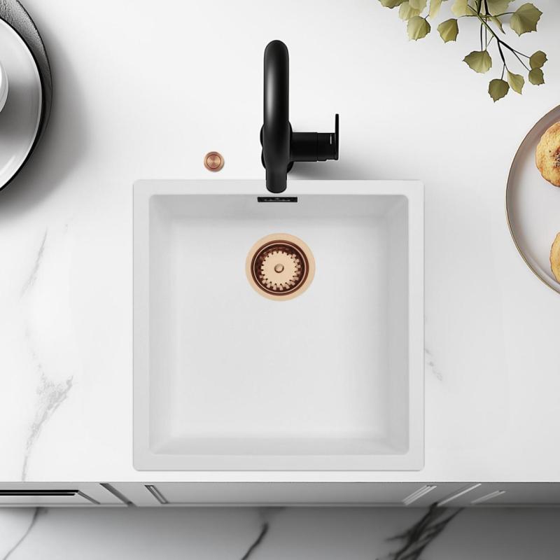 Ausmann Fiber hvid vask 40x40cm undermontering, overflademontering og planmontering med automatisk kobberprop 1208971893