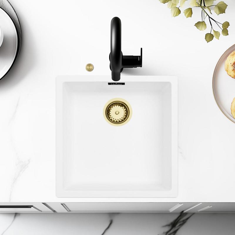 Ausmann Fiber hvid vask 40x40cm undermontering, overmontering og flad indbygning med automatisk gylden prop 1208971894