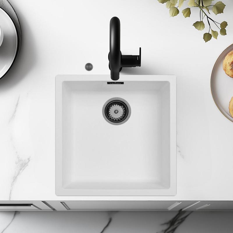 Ausmann Fiber hvid vask 40x40cm undermontering, overmontering og planmontering med automatisk gun metal prop 1208971895