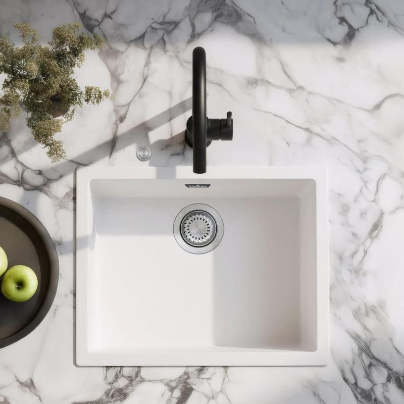 Ausmann Fiber hvid vask 50x40cm undermonteret, overmonteret og indbygget med automatisk rustfrit stål prop 1208971898