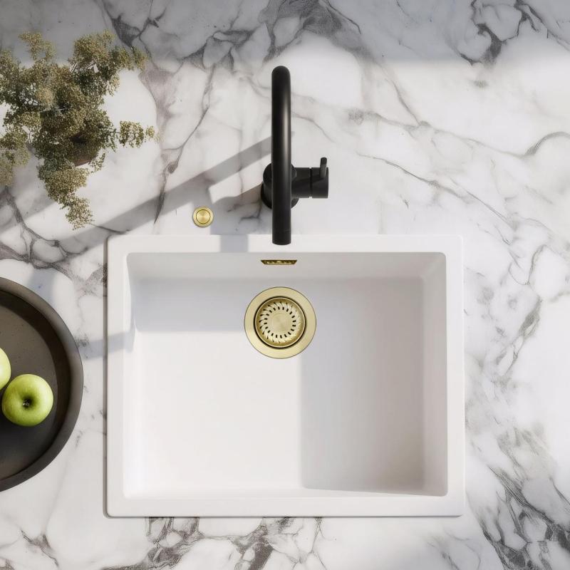 Ausmann Fiber hvid vask 50x40cm undermontering, overmontering og planmontering med automatisk guldprop 1208971901