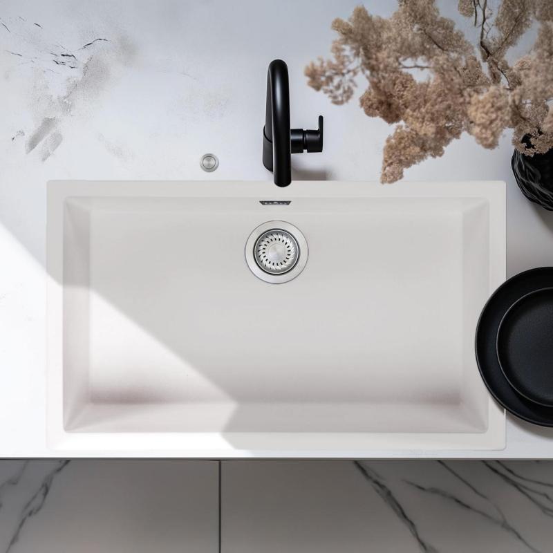 Ausmann Fiber hvid stor vask 70x40cm underbygning, overbygning og plan indbygning med automatisk rustfrit stål prop 1208971904