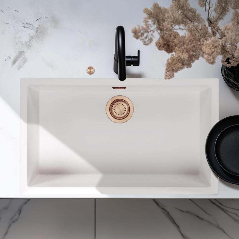 Ausmann Fiber hvid stor vask 70x40cm undermontering, overmontering og planmontering med automatisk kobberprop 1208971906