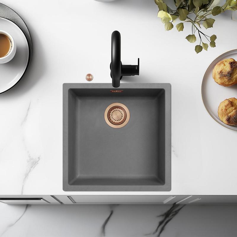 Ausmann Fibre beton grå vask 40x40cm til undermontering, overflademontering og planmontering med automatisk kobberprop 1208971912