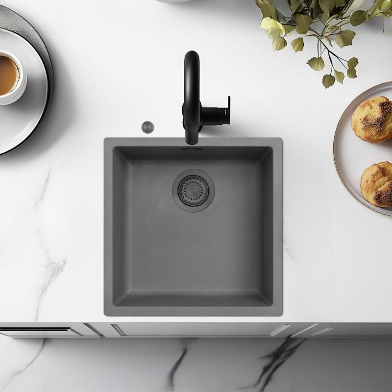 Ausmann Fiberbeton grå vask 40x40cm undervogn, overbygning og flad indbygning med automatisk gun metal prop 1208971914