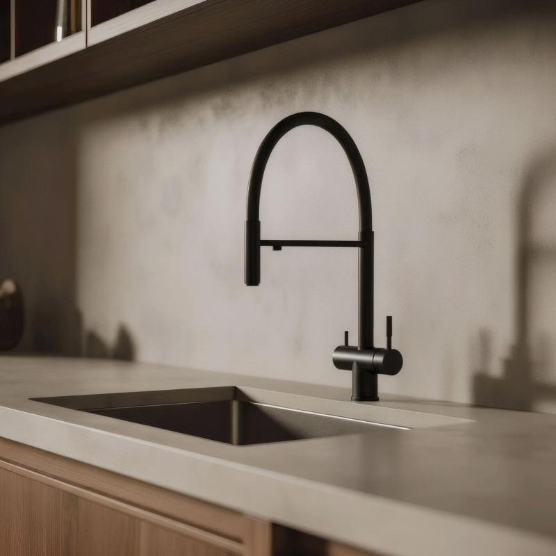 Pure.Sink Elite Steel Flex 3-vejs Mat sort køkkenhane med fleksibel udløb og filtreret vand PS8110-10
