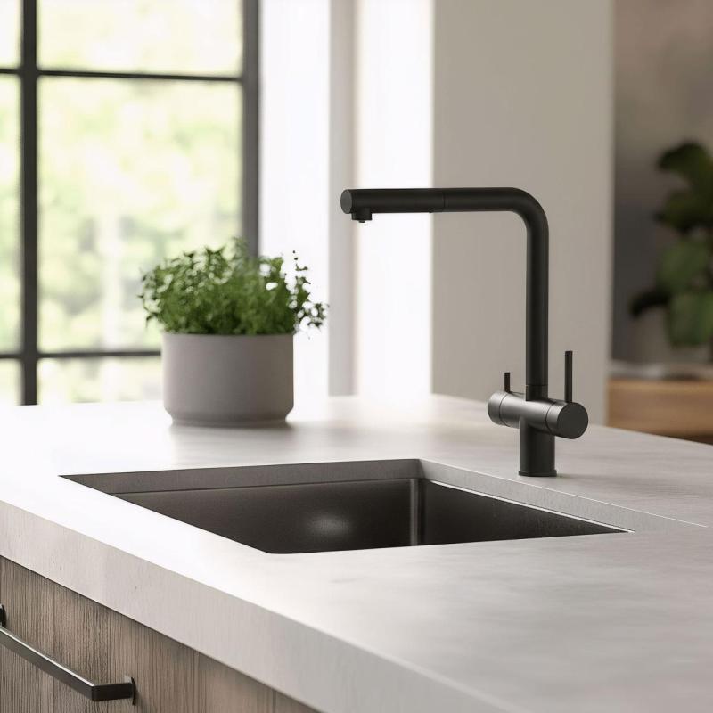 Pure.Sink Elite Steel Clear-S Mat sort 3-vejs køkkenarmatur med udtrækkelig tud og filtreret vand PS8120-10