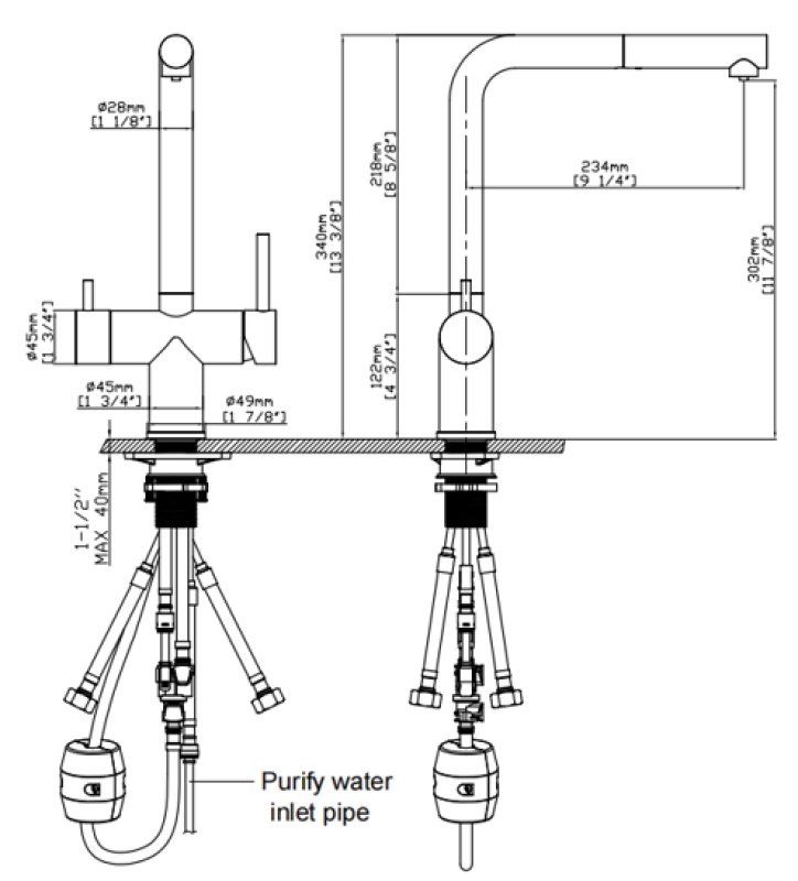 Pure.Sink Elite Steel Clear-S Mat sort 3-vejs køkkenarmatur med udtrækkelig tud og filtreret vand PS8120-10