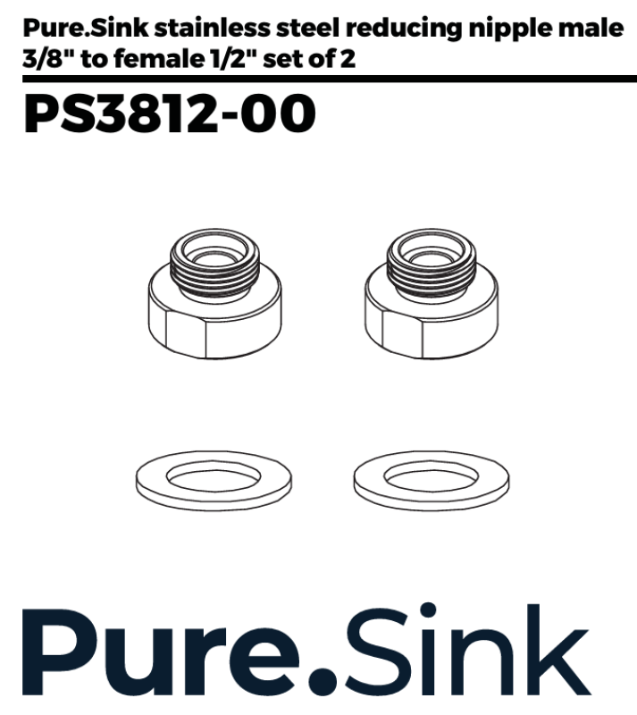 Pure.Sink Overgangsnippel i rustfrit stål fra 3/8 udvendig diameter (han) til 1/2 indvendig diameter (hun) Sæt med 2 stk. PS3812-00