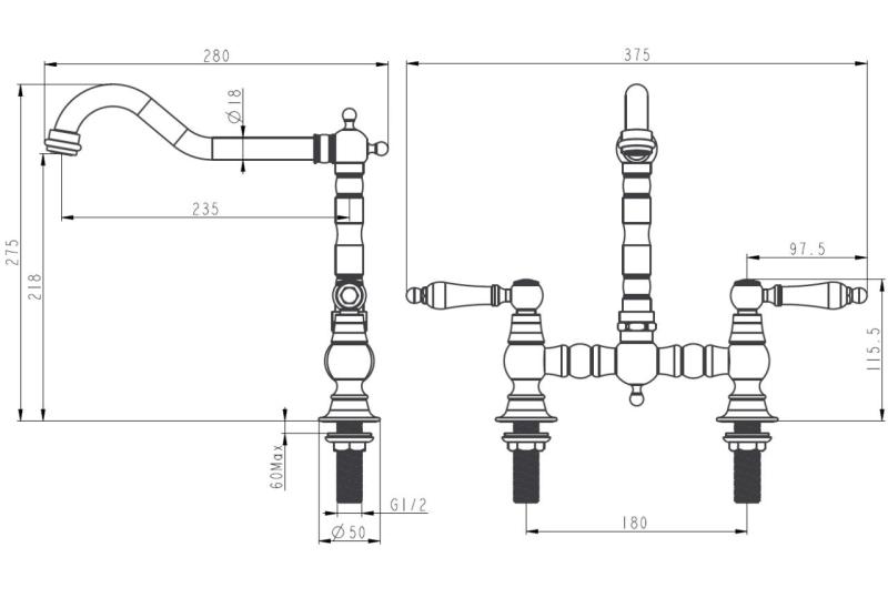 Aquanello Heritage Manor Klassisk køkkenarmatur i nostalgisk bro-design, sort med hvid håndtag, BL-0010-HM