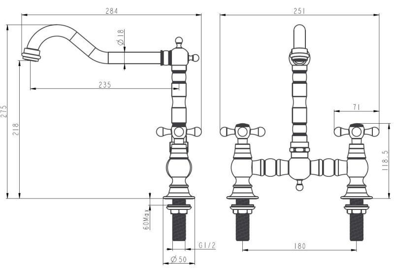 Aquanello Heritage Ascot Klassisk køkkenarmatur i nostalgisk bro-design, krom med krydsgreb, CR-4001-HA
