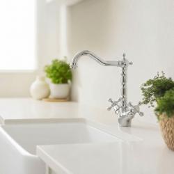 Aquanello Heritage Ascot Klassisk køkkenarmatur i nostalgisk stil, krom med vinklet udløb, CR-4002-HA