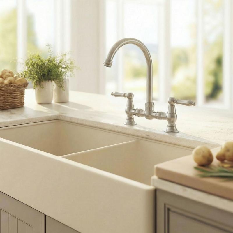 Aquanello Heritage Manor Klassisk køkkenarmatur i nostalgisk stil, krom med hvidt håndtag og rund udløber CR-0011-HM