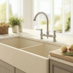 Aquanello Heritage Manor Klassisk køkken Nostalgisk bro Køkkenarmatur i rustfrit stål med hvid håndtag og rund udløb NB-0011-HM