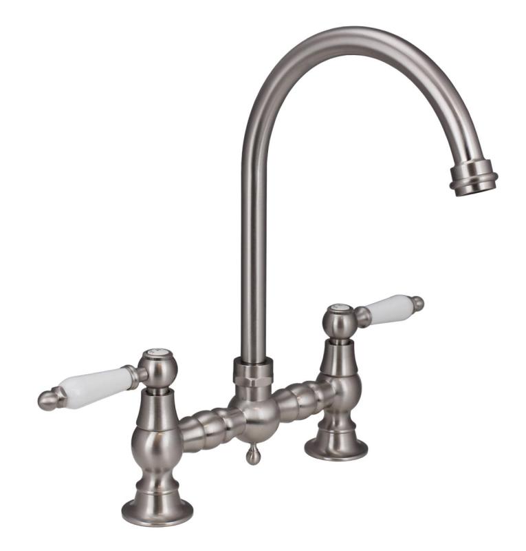 Aquanello Heritage Manor Klassisk køkken Nostalgisk bro Køkkenarmatur i rustfrit stål med hvid håndtag og rund udløb NB-4001-HA