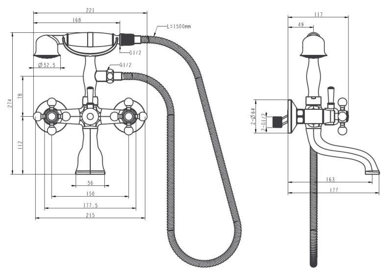 Aquanello Heritage Ascot Klassisk påbygget badekararmatur med stjerneknapper i bronze, inklusive håndbruser BN-3002-HA