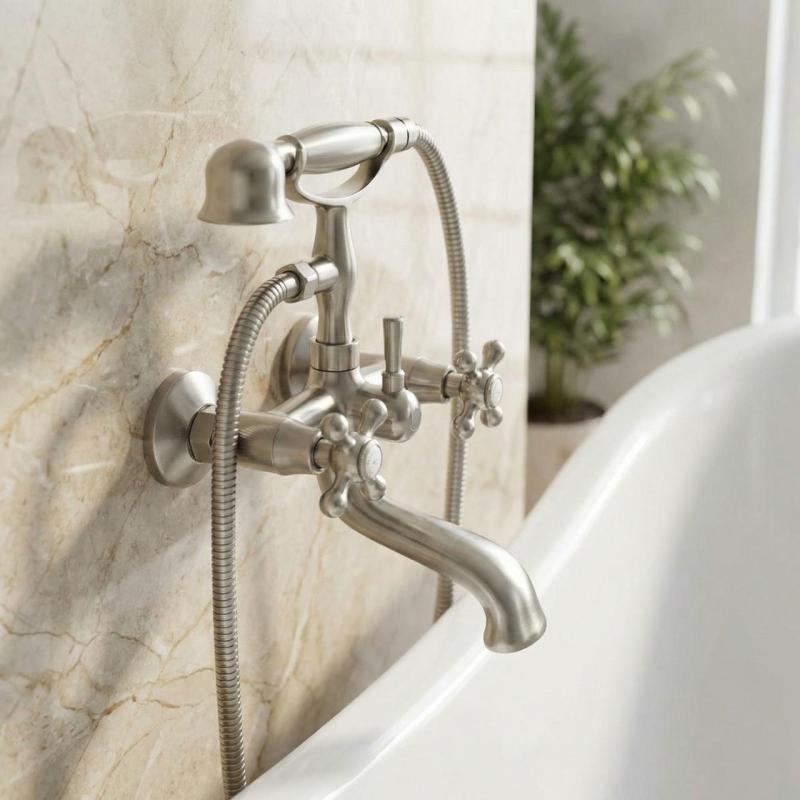 Aquanello Heritage Ascot Klassisk påbygget badekararmatur med stjerneknapper i rustfrit stål, inklusive håndbruser NB-3002-HA