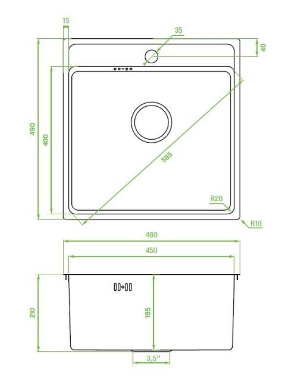 Aquadesign Plana Rustfrit stål overflademonteret vask 48 x 49 cm med hul til vandhane, inklusive vandlås og Clickclack-afløbsprop 1208972559