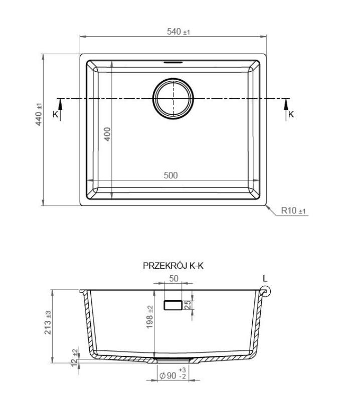 Pure.Sink Eternal Quartz sort vask 50 x 40 cm, til indbygning i bordplade og undermontering, med automatisk guldpropp